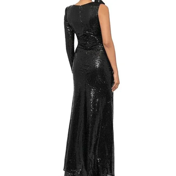 AQUA One Sleeve Sequin Gown Women's 4 Black Round Neck Rosette Detail Back Zip - Picture 2 of 2